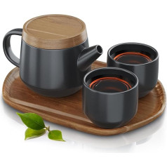 Arendo - Tējas piederumu komplekts Keramikas tējkannu komplekts, porcelāna tējkanna, japāņu tējkanna ar tējas sietiņu 0,6 litri, tējkanna ar vāku, paliktni un 2 tasītēm