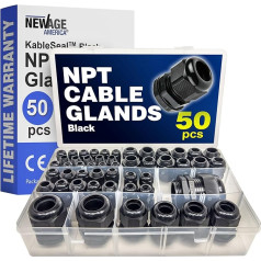 New Age America® KableLock™ NPT-Kabelverschraubungen, 6,35 mm bis 3,8 cm, schwarz, Zugentlastung aus Nylonschnur, verstellbarer Kontermutter-Kordelgriff, IP68 wasserdicht, NPT 1/4 Zoll, 3/8 Zoll, 1/2