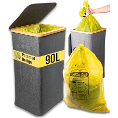 Deco haus® Dzeltenais atkritumu maisu statīvs 90 L [papildus maiss] - Dzeltenais atkritumu konteiners - izturīgs atkritumu maisu statīvs papildus dzeltenajiem maisiem - atkritumu konteiners ar vāku - atkritumu sistēma virtuvei un mājsaimniecībai -