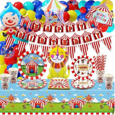 Karnevāla ballītes komplektā ietilpst karnevāla karogs, dzimšanas dienas baneris, galdauts, baloni, papīra šķīvji, salvetes, krūzes, krūzītes, cirka ballītes dekorācijas bērnu dzimšanas dienas svinībām, 20 viesiem