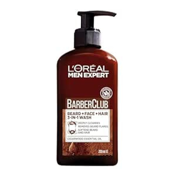 L'Oreal Men Expert Barber Club trīs vienā bārdas, matu un sejas mazgāšanas līdzeklis, 200 ml