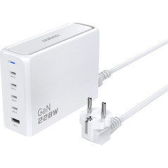 Dudao GaN 1x USB-A 4x USB-C PD 228W tīkla uzlādes stacija ar 1,5 m garu kabeli, balta krāsā