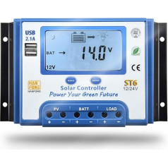 SolaMr 60A saules bateriju uzlādes kontrolieris 12V/24V ar LCD displeju un dubultu USB pieslēgvietu - ST6-60A