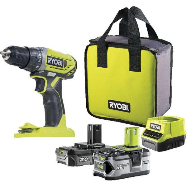 RYOBI 18 V ONE+ akumulatora urbjmašīna R18DD2-242S (2 ātrumu pārnesumkārba, maks. Griezes moments 40 Nm, griezes momenta līmeņi 24, urbšanas korpuss 10 mm, komplektā ietilpst 1 x 4,0Ah un 1 x 2,0Ah akumulators un lādētājs instrumentu somā)