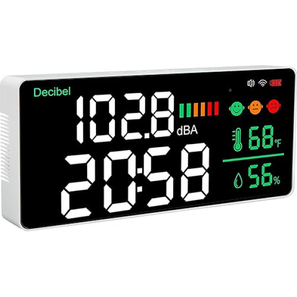 11-Zoll-LED-Dezibelmessgerät, WiFi-Funktion - 4-in-1-Geräuschmessgerät für Thermometer, Hygrometer, Uhr