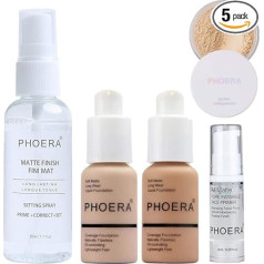 Glamza Phoera Cover Make Up Make Up Foundation Set - Komplektā ietilpst Nude & Buff Beige 30 ml matēts aerogrāfisks tonālais krēms, 6 ml sejas grima pamatne, Cool Beige tonālais tonālais pūderis un 50 ml matēta izsmidzinātājs matētam finišam.