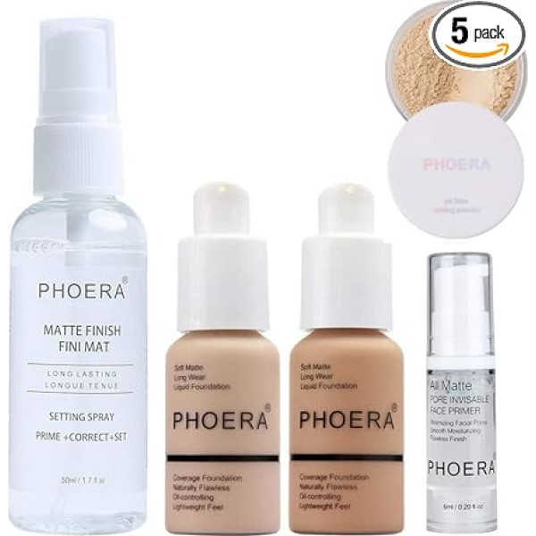 Glamza Phoera Cover Make Up Make Up Foundation Set - Komplektā ietilpst Nude & Buff Beige 30 ml matēts aerogrāfisks tonālais krēms, 6 ml sejas grima pamatne, Cool Beige tonālais tonālais pūderis un 50 ml matēta izsmidzinātājs matētam finišam.