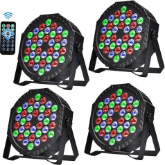 ‎Miilovdora 4 LED prožektoru komplekts, 36 LED skatuves gaisma, disko gaisma, ballīšu gaisma, DJ gaisma, RGB ar tālvadības pulti, skatuves apgaismojums, 7 apgaismojuma režīmi KTV, DJ, bāriem, ballītēm, kāzām, Helovīnam, Ziemassvētkiem