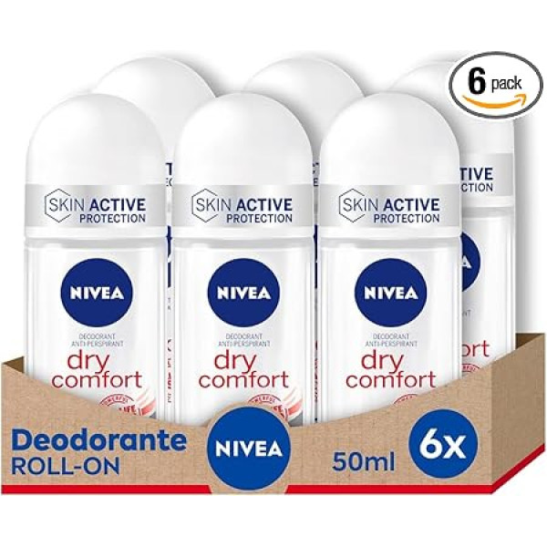 Nivea DRY COMFORT rulona dezodorants 6 gabalu iepakojumā (6 x 50 ml) Antiperspirants rulona dezodorants ar dubulto aktīvo formulu un ilgstošu antiperspirantu.