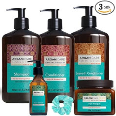 Arganicare - Mans pilnīgs argana komplekts - 1 šampūns 400ml - 1 kondicionieris 400ml - 1 atstāšanas kondicionieris 400ml - 1 atjaunojošais serums 100ml + 1 matu skrāpētājs nejauša krāsa