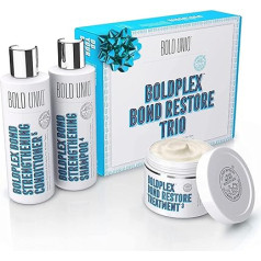 Bold Uniq Boldplex 3, 4 un 5 Bond Regeneration Hair Treatment, trio šampūna un kondicioniera dāvanu komplekts, mitrinoša proteīnu formula, stiprina sausus un bojātus matus, novērš lūšanas un matu šķelšanās sekas.