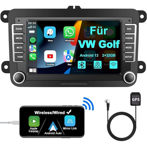 Jimtour Bluetooth autoradio ar ekrānu Golf 5 6 VW Polo T5 Passat Touran sēdeklim ar satelīta navigāciju WLAN, Apple Carplay, Android Car, VHF, stūres vadības pults, 2Din Android 13 Dab auto radio Touch Display