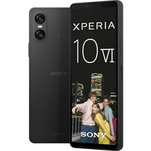 Sony Xperia 10 VI - 6,1 collu 21:9 OLED, 5000 mAh akumulators, trīs optiskie fokusa attālumi, 3,5 mm audioiekārta, Android 14, IP65/68, hibrīds, divas SIM kartes, melns, ar aizmugurējo vāciņu