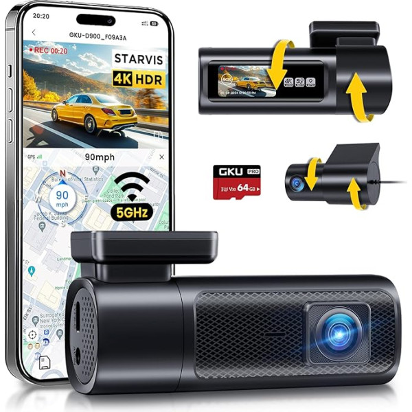 GKU 4K + 2.5K Dash Cam Car Front Rear ar 5GHz WiFi, Dash Cam ar 64G SD karti, STARVIS nakts redzamība, 1,5 collu IPS ekrāns, GPS auto kamera, 24H stāvvietas uzraudzība, 360° rotējoša, Max 512GB