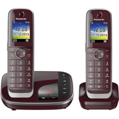 Panasonic KX-TGJ322GR Familien-Telefon mit Anrufbeantworter (schnurloses Telefon DUO, 2 Mobilteile, strahlungsarm, Anrufschutz) weinrot