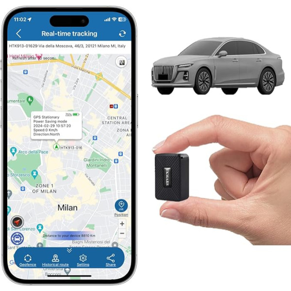 TKMARS GPS Tracker Mini GPS Tracker Car 15 dienu gaidīšanas laiks, 1500 mAh, 5 sekunžu atjaunināšana, ar bezmaksas lietotni, spēcīga magnētiskā ūdensizturība