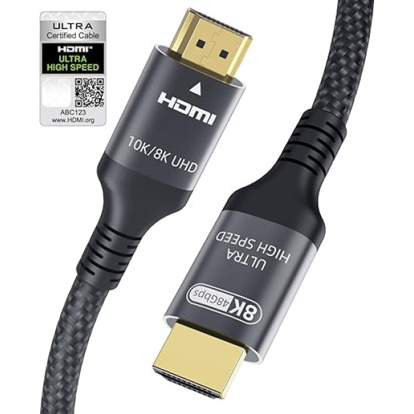 Adauxter 10K 8K HDMI 2.1 kabelis 6M, sertificēts 48Gbps īpaši ātrdarbīgs HDMI kabelis ar Ethernet 4K 240Hz 165Hz 144Hz 120Hz 8K 60Hz eARC HDCP2.3 HDR10+ PC portatīvo datoru TV monitoru projektoru PS5 X-Box