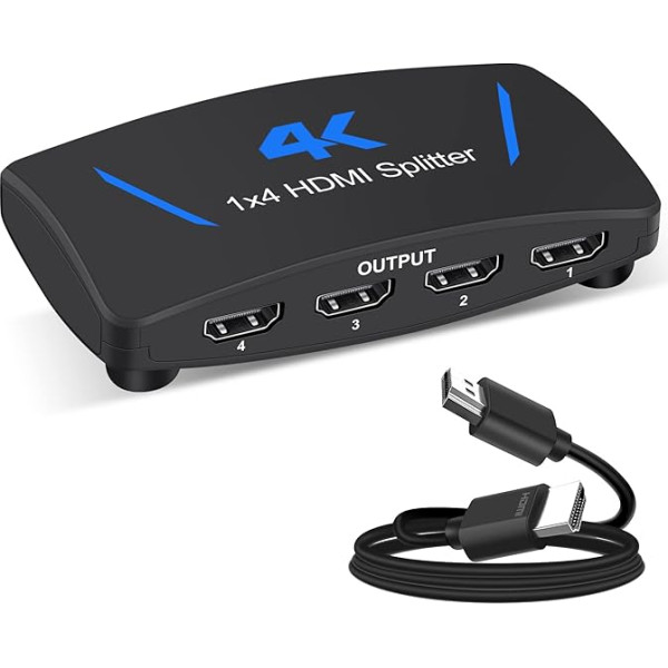 HDMI sadalītājs 1 in 4 Out, 4K HDMI sadalītājs, HDMI sadalītājs atbalsta Full HD 1080P 4K un 3D, HDMI sadalītājs no 1 līdz 4, saderīgs ar Xbox PS3/4 Roku Blu-Ray atskaņotāju HDTV