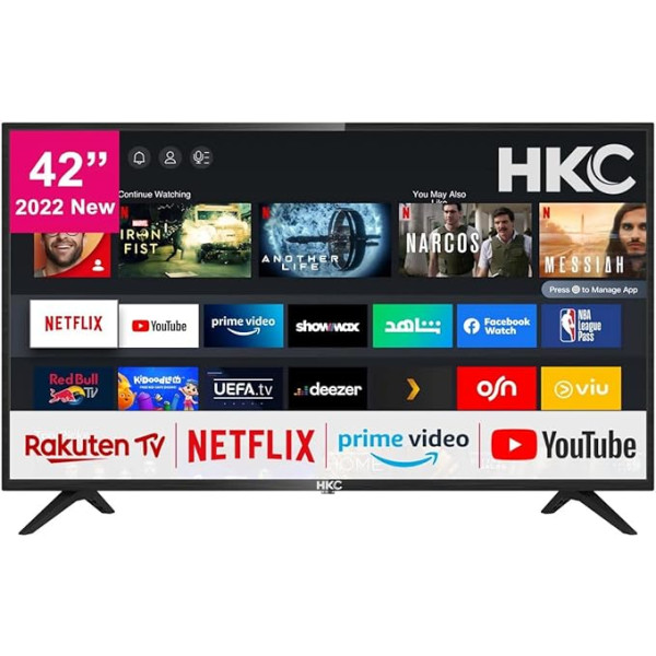 HKC 42 collu (106 cm) Smart TV ar Netflix, Prime Video, Rakuten TV, DAZN, Disney+, YouTube, UVM, WiFi, trīskāršu DVB-T2/S2/C uztvērēju