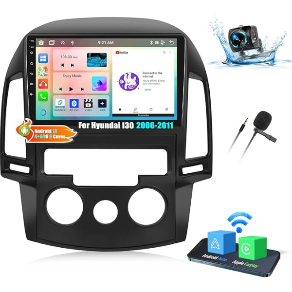 OiLiehu 4+64G 8 Core Android 13 Radio 2DIN priekš Hyundai I30 2006-2011 Bezvadu CarPlay Android auto radio ar ekrānu 9 collu atbalsts Bluetooth GPS FM RDS WiFi SWC DSP/EQ + atpakaļgaitas kamera