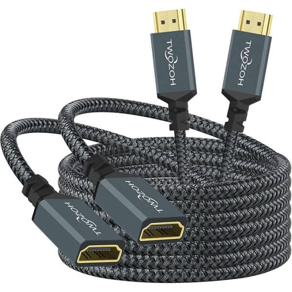 Twozoh HDMI pagarinājuma kabelis 5 m, 2 gabali, 4K HDMI pagarinājums, vīriešu un sieviešu pīts neilona HDMI 2.0 kabeļa adapteris, atbalsta 4K@60Hz 3D HDR