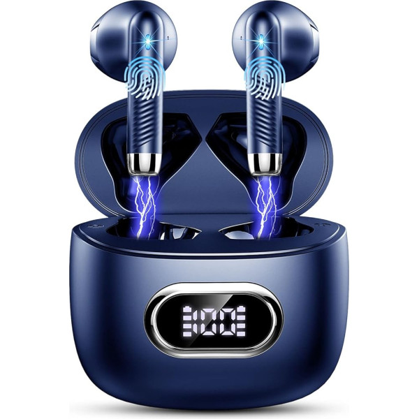 Bezvadu Bluetooth 5.3 In-Ear austiņas ar 4 HD mikrofoniem, 42 stundas, 2024, ENC trokšņu slāpēšana, dziļi basi, IP7 ūdensnecaurlaidīgas, LED displejs, zilas krāsas