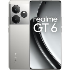 realme GT6 viedtālrunis 5G 16 + 512 GB, Snapdragon 8s Gen 3, 6000 Nits displejs, Sony LYT-808 OIS kamera, 120 W SUPERVOOC uzlāde, 5500 mAh izturīgs akumulators, sudraba krāsā (bez adaptera)