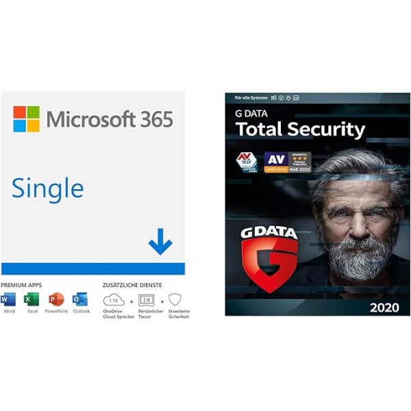 Microsoft 365 Single | 1 lietotne | PC/Mac, planšetdators un mobilā ierīce | Lejupielādes kods + G DATA Total Security 2020 | 1 lietotne - 1 gads, lejupielāde, aktivizācijas kods e-pastā | Windows, Mac, Android, iOS