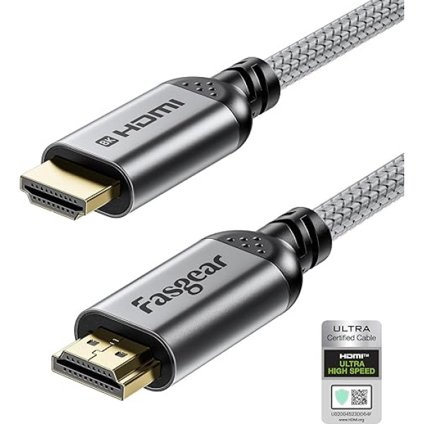 Fasgear HDMI 2.1 kabelis 10ft 8K HDMI kabelis 48Gbps HDMI kabelis ar neilona pinumu 8K@60Hz 4K@120Hz HDCP 2.3 atbalsts eARC HDR10 3D Dolby Saderīgs ar Fire TV/Blu-ray/Projektoru (pelēks)