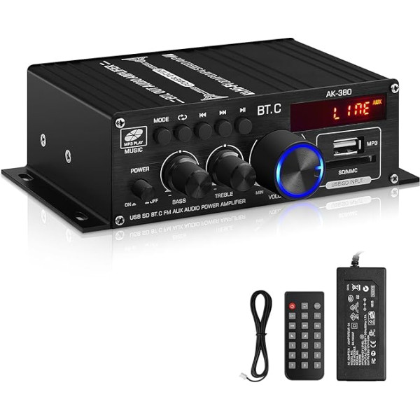 AK-380 Bluetooth 5.0 HiFi pastiprinātājs 2.0 kanālu 40W x 2 Max 400W Mini pastiprinātājs Stereo Audio jaudas pastiprinātājs uztvērējs ar USB SD slotu, FM radio automašīnas un mājas skaļrunim