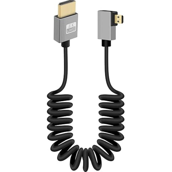 GELRHONR 4K Micro HDMI spirālveida kabelis, īss Micro HDMI vīrietis uz HDMI vīrietis atsperes elastīgs plāns kabelis, Micro HDMI 90 grādu kabelis 18Gbps 3D 4K @ 60Hz, kameras video uztveršanas kartei (labajā leņķī)