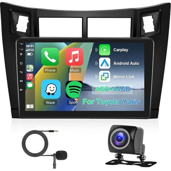 Hodozzy 8 kodolu 4G + 64G Android auto radio Toyota Yaris 2005-2011.9 collu IPS skārienjūtīgā ekrāna navigācija ar bezvadu Carplay Android auto, 2 DIN radio Bluetooth DSP WiFi FM RDS atpakaļgaitas kamera