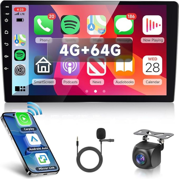 Hodozzy 4G + 64G Android auto radio 2 DIN, 10,1 collu skārienjūtīgais ekrāns ar GPS navigāciju Bluetooth Wireless Carplay Android Car, Double DIN auto radio WiFi FM/RDS radio EQ/USB/SWC + AHD atpakaļgaita