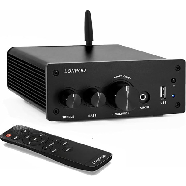 LONPOO Mini HiFi pastiprinātājs 200 W ar Bluetooth 5.3, optisko, koaksiālo, USB, AUX ieeju, 2 kanālu audio L/R izeju skaļruņa kabelim, tālvadības pults (AMP-615B)