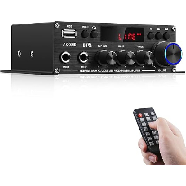 HiFi stereo pastiprinātājs uztvērējs mājas skaļruņiem, AK-390 Bluetooth 5.0 mini audio pastiprinātājs 2.0 kanālu RMS 40W x 2 audio komponentu pastiprinātājs ar 12V/5A adapteri, FM radio, (BT, USB, AUX, Mic) ieeju