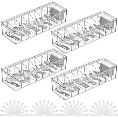 AHAQU Caurspīdīga kabeļu uzglabāšanas kaste ar 8 nodalījumiem, akrila kabeļu organizators ar vāku, kabeļu uzglabāšanas kaste ar 40 kabeļu saitēm birojam, mājai, piederumiem, 4 iepakojums