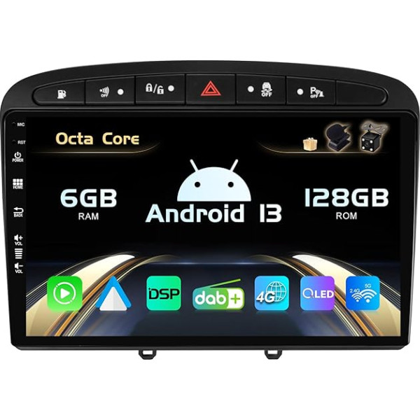 SXAUTO Android 13 - Iebūvēts 4G LTE un DAB - 6G + 128G - Autoradio Peugeot 308/408 (2010-2016) - Divu joslu WiFi - CarPlay Android Car - Kamera + mikrofons - Vadāmība no stūres - QLED 9 collu 2 DIN