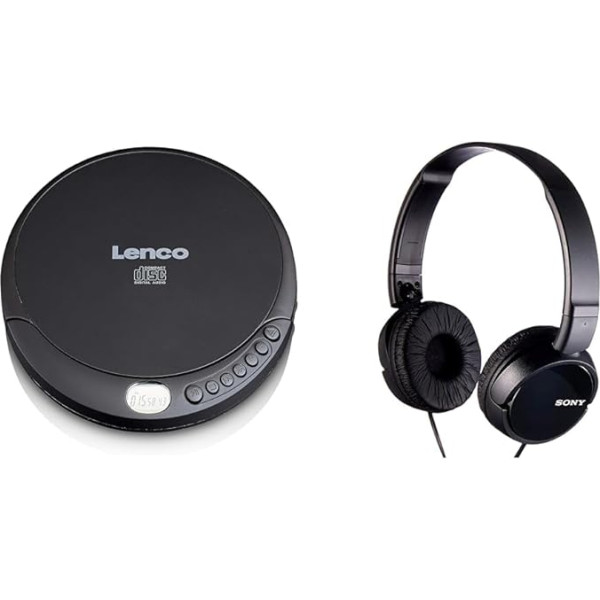 Lenco CD-010 - Pārnēsājamais CD atskaņotājs Walkman - Diskman - CD Walkman - ar austiņām un Micro USB uzlādes kabeli - melns & Sony MDR-ZX110 salokāmās austiņas, melnas, 25