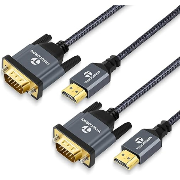 Thsucords HDMI uz VGA kabelis 1,5 m, 2 zeltīti pīti HDMI uz VGA adaptera kabeļi (no vīrišķā uz vīrišķo) datoram, galddatoram, klēpjdatoram, datoram, monitoram, projektoram