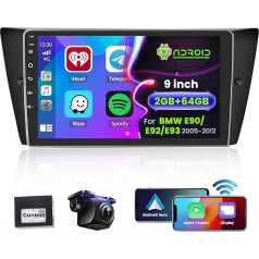 Hikity 2G 64G Android 13 auto radio BMW E90 E92 E93 2005-2011 Bezvadu Carplay Android auto 9 collu auto radio ar GPS navigāciju Bluetooth WiFi RDS HI-FI FM 2USB SWC aizmugures skata kamera