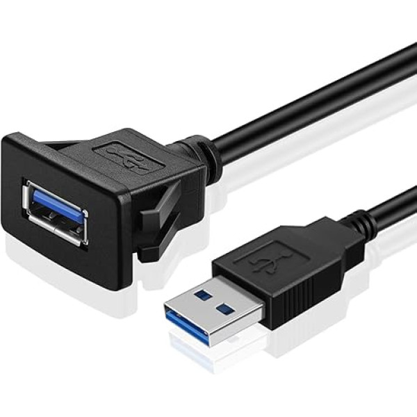 TNP USB kabeļu savienotājs - 2m, Kfz USB 3.0 Einbau Buchse Kabel, USB Verlängerungskabel, viereckiger USB Armaturenbrett Kabel, Stecker auf Buchse Adapter für Auto, LKW, Boot, Motorrad, schwarz