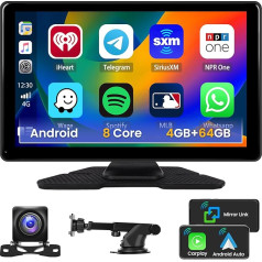 Hikity 8 kodolu 4G + 64G Android 9 collu bezvadu CarPlay Android auto radio portatīvais ar AHD atpakaļgaitas kameru Bezvadu Carplay displejs ar Siri BT GPS FM AUX Mirror Link 15 m video kabelis