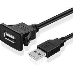 TNP USB kabeļu savienotājs - 2m, Kfz USB Einbau Buchse Kabel, USB Verlängerungskabel, viereckiger USB Armaturenbrett Kabel, Stecker auf Buchse Adapter für Auto, LKW, Boot, Motorrad, schwarz