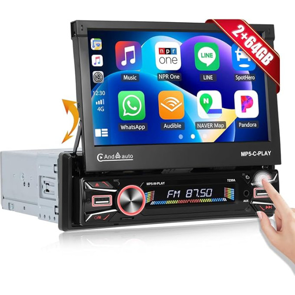 CAMECHO 2G + 64G Android 13 Auto radio ar satelītnavigāciju, ar bezvadu Carplay Android Car, 7 collu ekrāns, 1Din Bluetooth brīvroku sistēma, WiFi, FM radio, USB, AUX