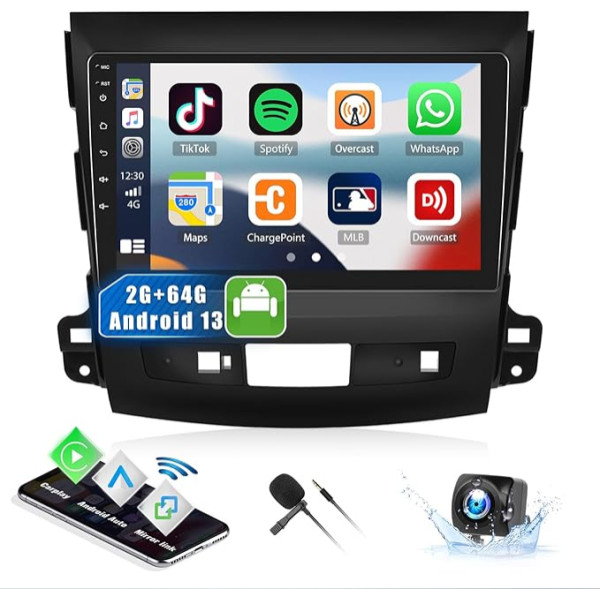 2G + 64G CAMECHO Android 13 auto radio Mitsubishi Outlander 2/Peugeot 4007/Citroen C-Crosser, 9 collu ekrāna auto radio ar bezvadu Carplay Android auto spoguļa saiti WiFiRDS FM BT SWC + atpakaļgaita