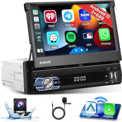 [2+64G] Hikity Android 13 auto radio 1 DIN ar navigācijas sistēmu un izvelkamu displeju, 7 collu auto radio ar bezvadu Carplay un Android Car, ar WiFi Mirror Link Bluetooth USB FM atpakaļgaitas sistēmu