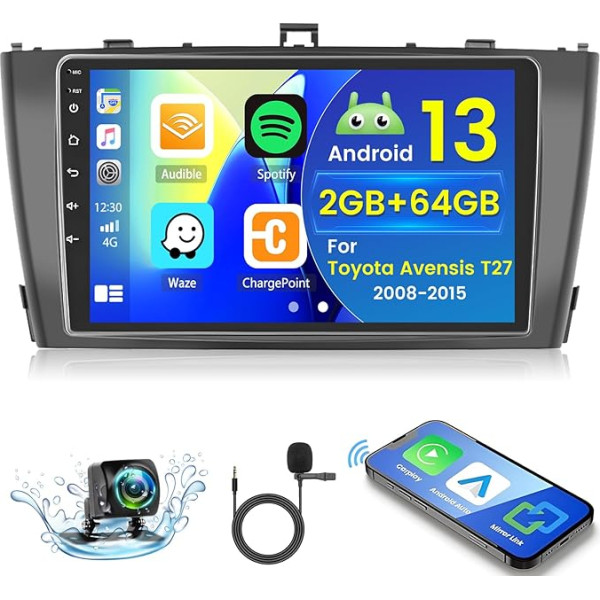 2+64GB Android 13 Auto Radio Toyota Avensis T27 2008-2015 Radio Wireless Carplay Android Car, 9 collu IPS Touch Screen Radio ar aizmugures skata kameru, Bluetooth, Navi, WiFi, DSP, EQ, Mirror Link