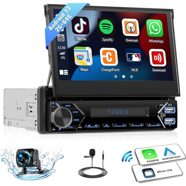 CAMECHO 2G + 64G 1 DIN Android 13 auto radio ar bezvadu Carplay Android auto, 7 collu flip out skārienjutīgais ekrāns Bluetooth auto radio ar Mirror Link WiFi Sat Nav GPS SWC FM RDS USB + atpakaļgaitas kamera + Mic