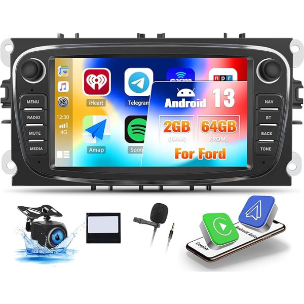 OiLiehu 2G + 64G Android 13 Carplay Android auto radio 2 DIN Ford Focus Mondeo C-MAX S-MAX Galaxy Kuga auto radio ar 7 collu ekrānu ar EQ/Bluetooth/SWC/FM RDS/WiFi/GPS/Reversijas kamera