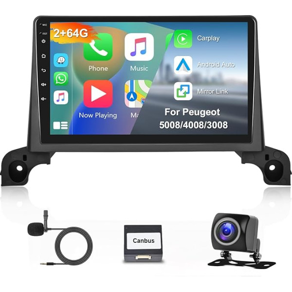 Hodozzy 2G + 64G Android auto radio Peugeot 5008/4008/3008 2017-2020 Bezvadu Carplay Android automašīnai, 9 collu skārienjūtīgais ekrāns ar GPS WiFi Bluetooth HiFi FM RDS radio Mirrorlink Canbus aizmugures skata kamera